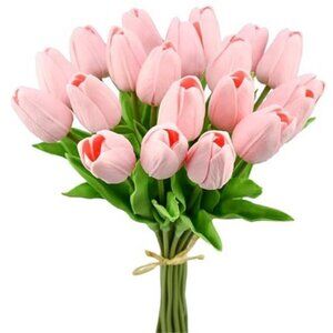 Artificial Tulips 20 Stems Light Pink PU Faux Flowers for Valentine's